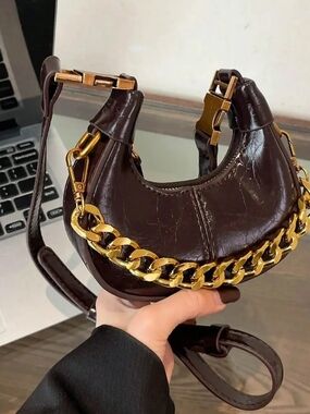 Dark Brown Leather Shoulder Bag with Gold Chain